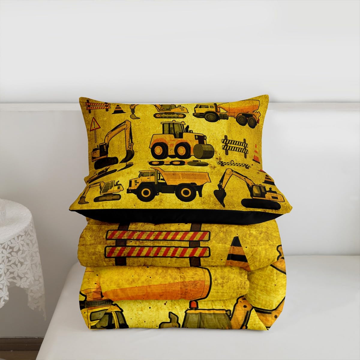 Boys Excavator Bedding Set Queen Size Kids Construction Vehicles Comforter For Kids Children Cartoon Machinery Truck Comforter Set Construction Site Cars Tractor Duvet Set 3Pcs With 2 Pillow Cases