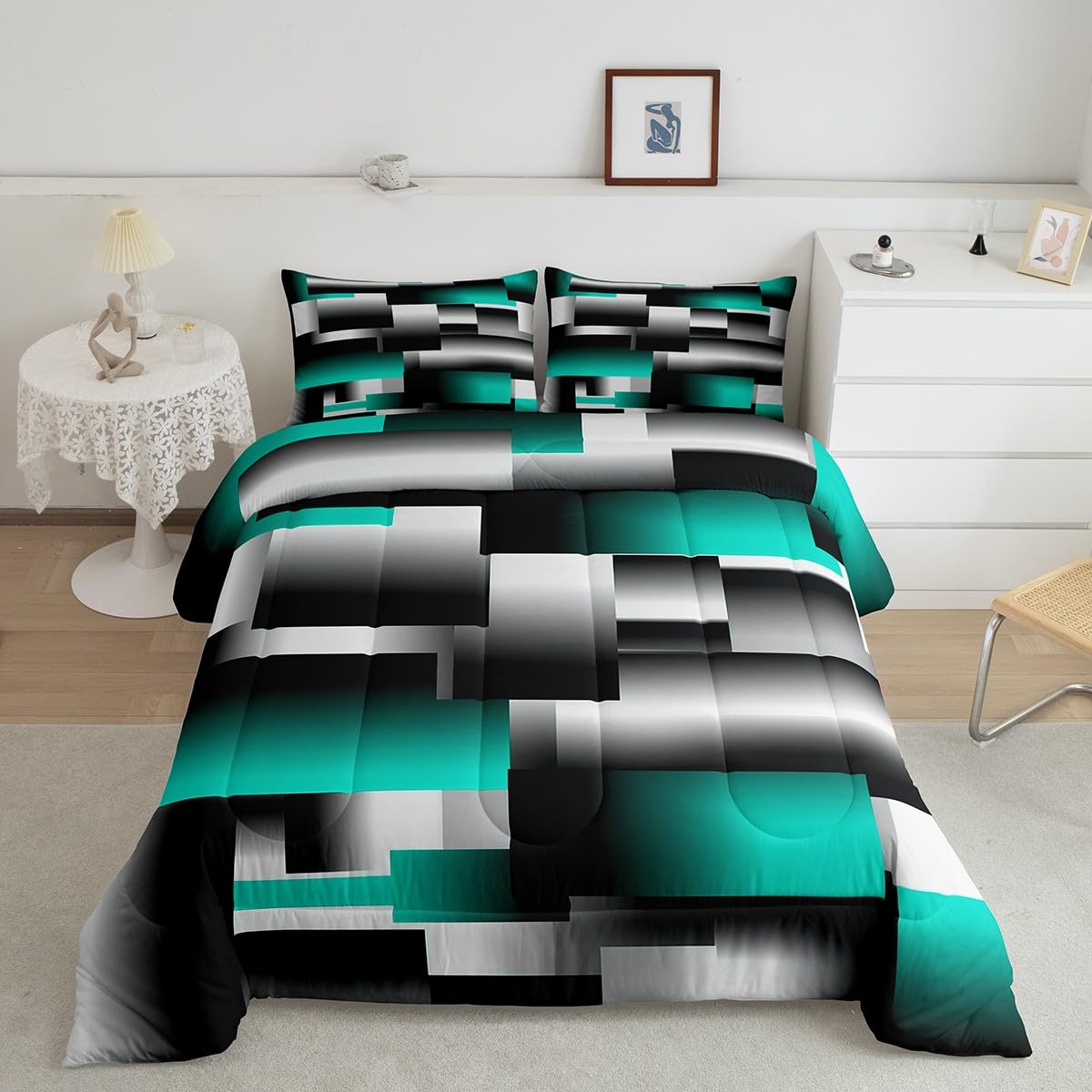 jejeloiu Teal Gray Black Abstract Comforter Set Full Size Modern Geometric Art Comforter Rectangle Room Decorative Bedding Set Quilt Set 3Pcs Duvet Set