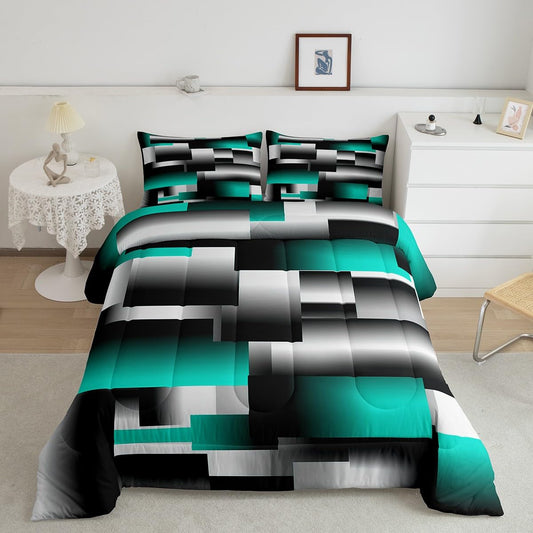 jejeloiu Teal Gray Black Abstract Comforter Set Full Size Modern Geometric Art Comforter Rectangle Room Decorative Bedding Set Quilt Set 3Pcs Duvet Set