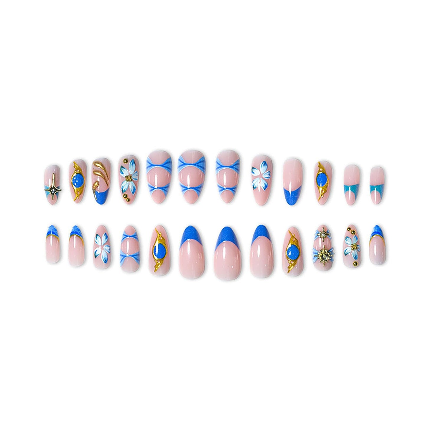 RUOKEXIN Almond Press on Nails French Tip Fake Nails Medium False Nails with Gold Charm Designs Acrylic Nail Press ons Sparkly Artificial Nails for Women 24Pcs