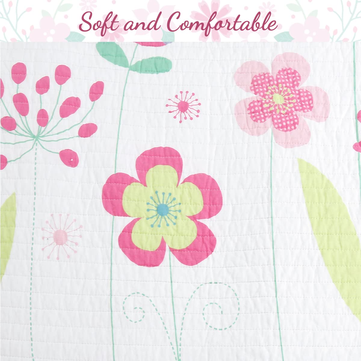 Cozy Line Home Fashions Pink Lavender Green Floral Print Girl 100% Cotton Reversible Quilt Bedding Set, Coverlet, Bedspread (Blossom, Queen - 3 Piece)