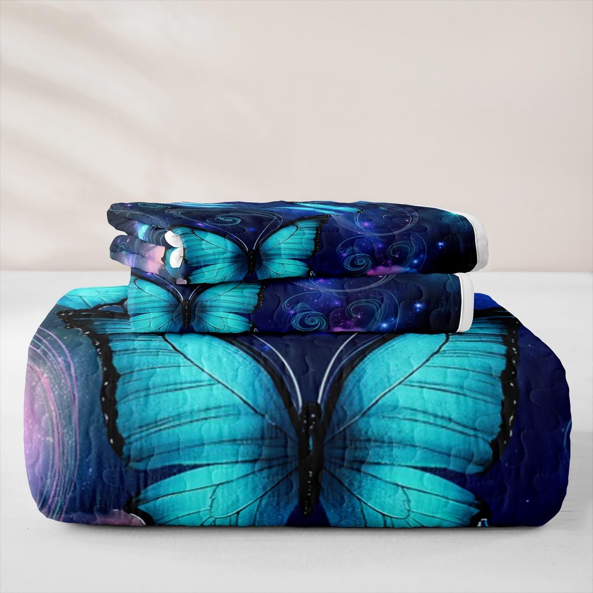 Erosebridal Butterfly Quilt Full Rustic Flower Quilt Set Galaxy Quilted Bedspread with 2 Pillowcases Retro Vintage Romantic Style Bedding Coverlet