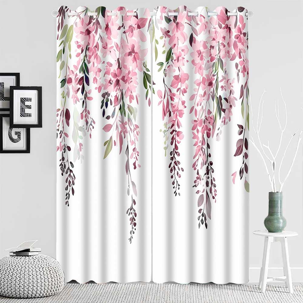 EOTDMS Pink Watercolor Floral Curtains 84 inches Long, Botanical Leaves Vine Flowers Rustic Farmhouse Curtains, Blackout Window Treatment Drapes for Bedroom Living Room 42x84inch, 2 Panels