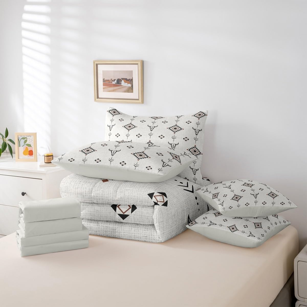 Erosebridal Western Aztec Comforter Set Queen Size, Boho Farmhouse Bedding Set 7 Piece for Kids Boys Teens Bedroom Ethnic Southwest Bull Skull Cow Bed in A Bag American Native Southwestern Sheet Sets