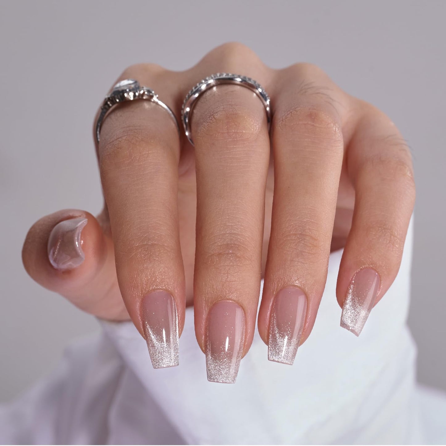 BTArtbox Press On Nails Short - Cat Eye French Tip Press On Nails Coffin, Light Weight & Fit Perfectly Nail Tips, Natural Fake Nail with Glue, Glue On Nails in 16 Sizes - 32 Nail Kit, Milky Way