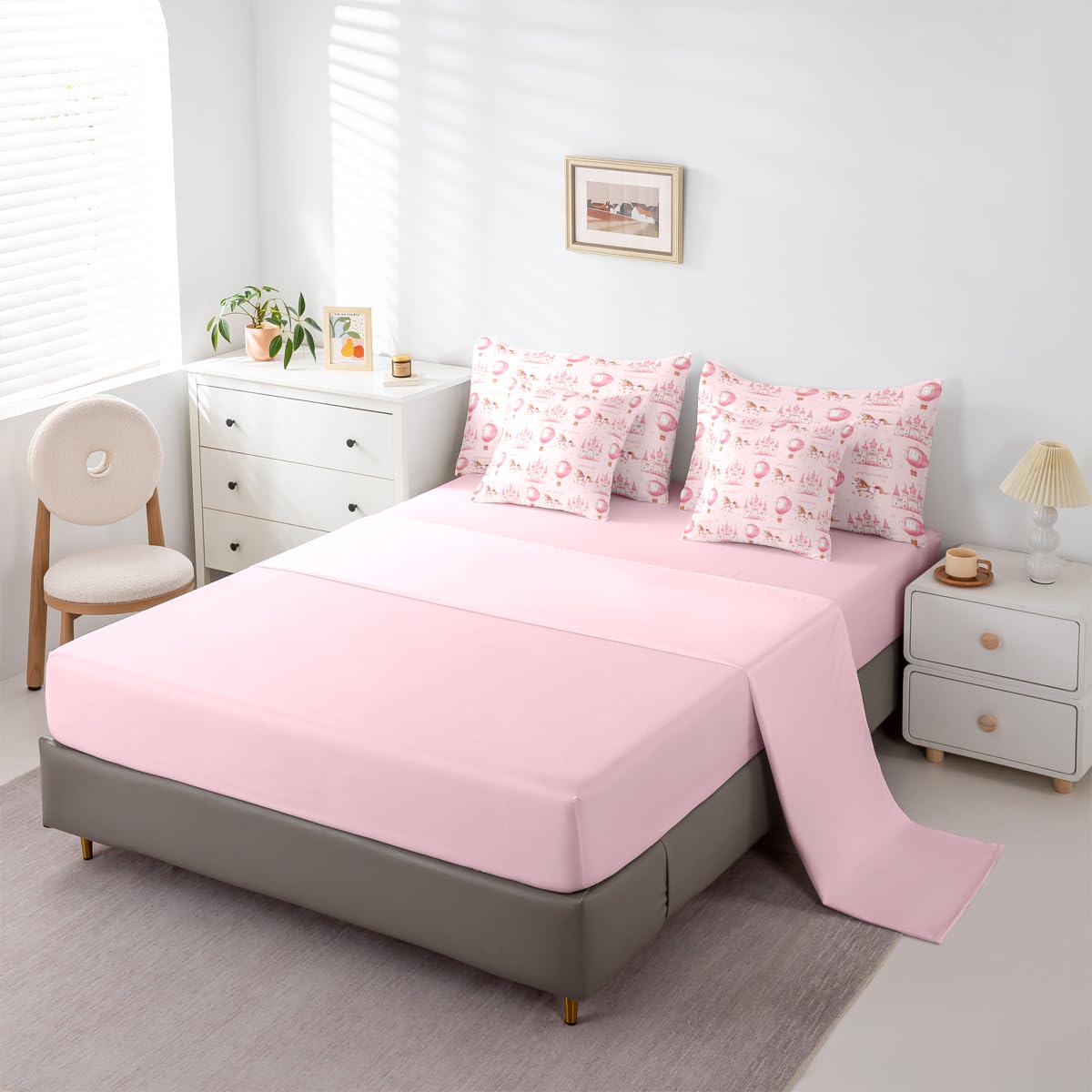 Feelyou Castle Comforter Set Queen Size 7 Pieces Princess Style Bedding Set Cute Bed in a Bag with Comforter, Sheets, Pillowcases, Cushion Covers Girls Dreamy House Bedroom Decor Fairytale Quilted