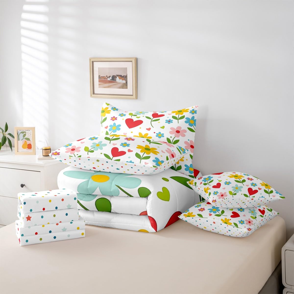 Feelyou Floral Queen Comforter Set with Sheets for Kids Boys Girls Cute 7 Pieces Bedding Set Farmhouse Garden Bed in a Bag Plant Room Decor Red Orange Soft Lightweight Microfiber