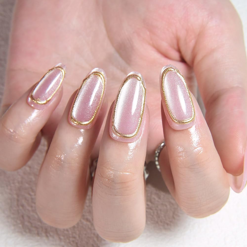 evpct Gold Line 3D Cat Eye Press On Nails Medium Almond No Glue, 3D Crystal Handmade Press on Nails for Women Gift, Reusable Medium Almond Acrylic Fake Nail Stick on Soft Nail Gold Tip with Designs