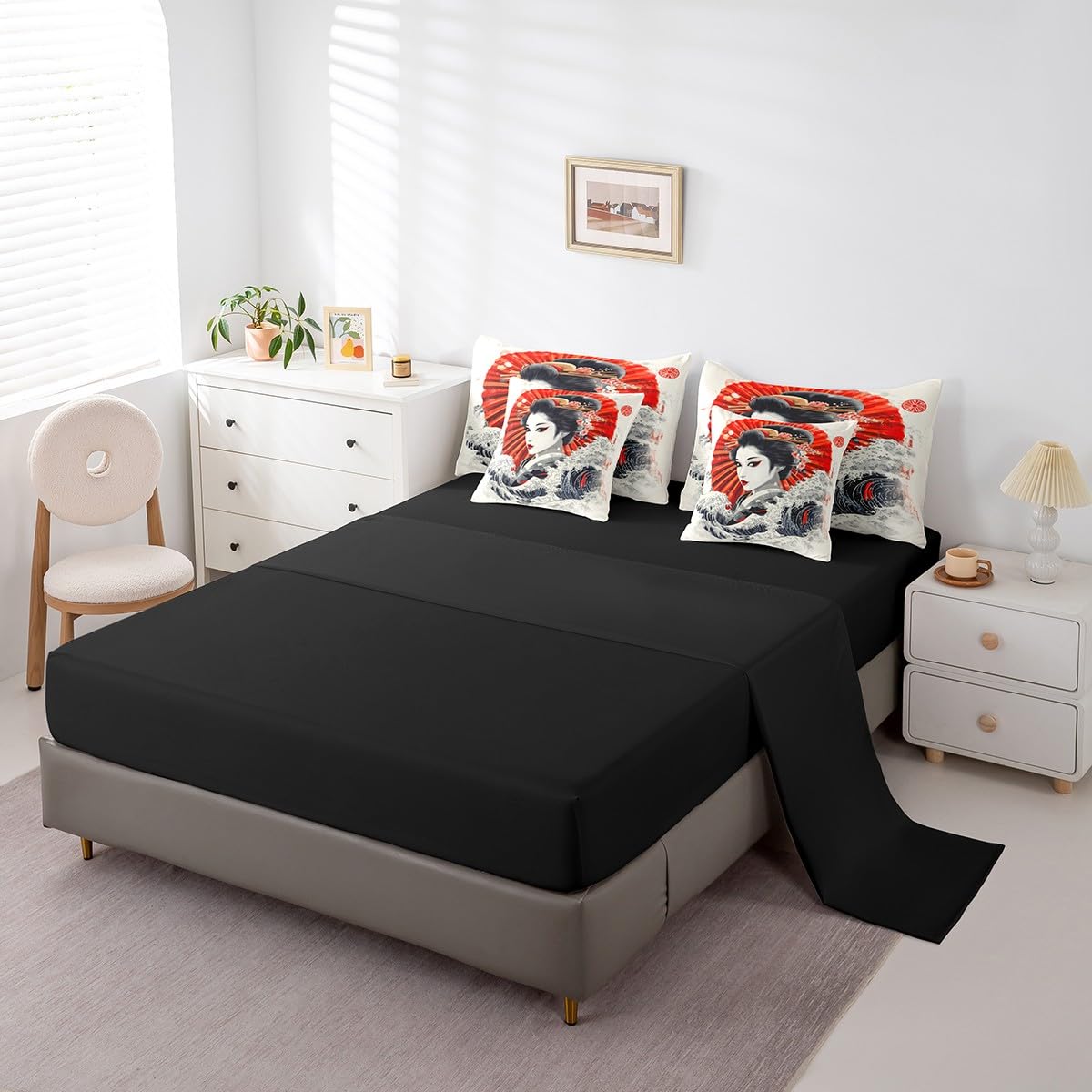 Erosebridal Japanese Geisha Comforter Set Twin,Samurai Ukiyoe Bedding Set 7Pcs,Japan Marine Coastal Nautical Quilt,Aesthetic Kimono Bed in a Bag