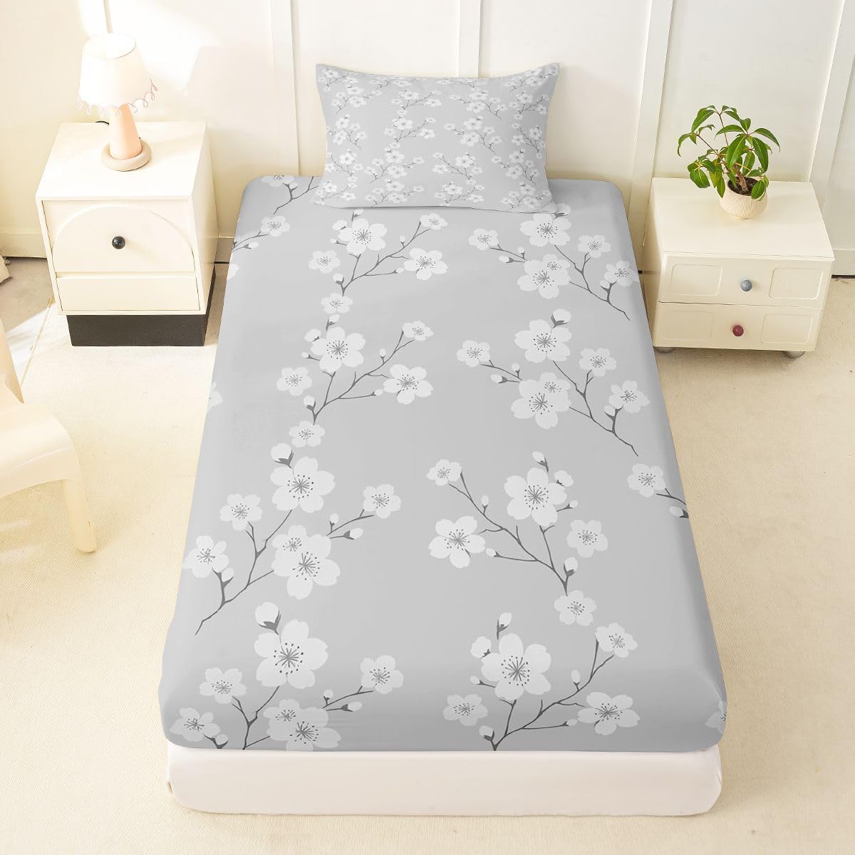 Erosebridal Plum Blossom Branch Bed Sheets Set Twin Rustic Farmhouse Cabin Sheet Set Grey White Botanical Sheets Floral Print Flat Fitted Sheet