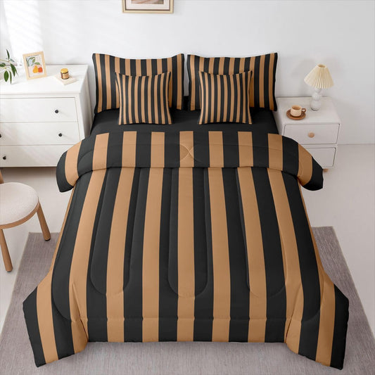 Erosebridal Brown and Black Striped King 7-Piece Comforter Set Simple Vertical Stripes Bedding Set with Sheets Modern Abstract Minimalist Aesthetic Bed in a Bag Retro Vintage Stripe Bed Sets