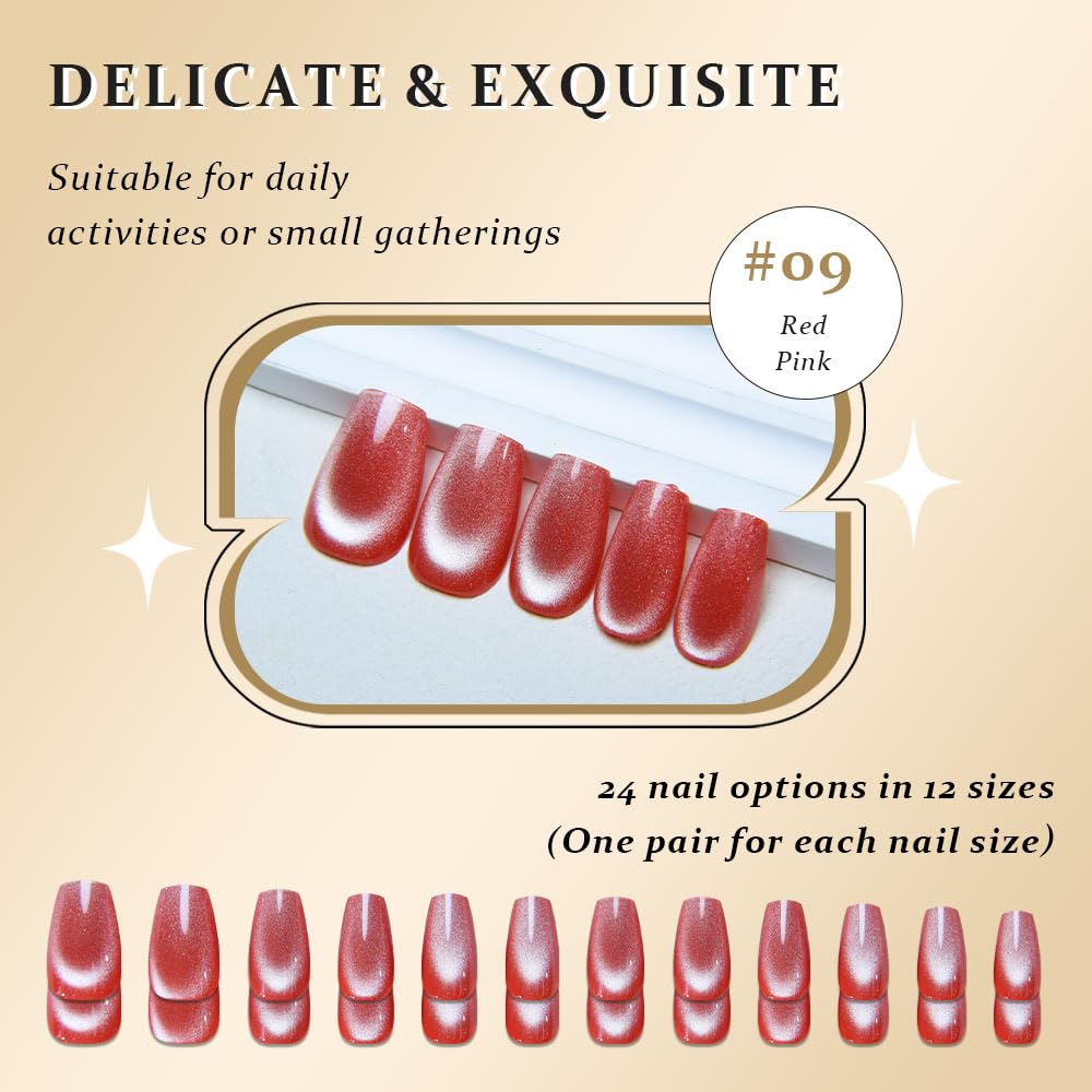 evpct No Glue Red Pink Cat Eye Coffin Press on Nails Square Medium, Medium Square Stick on Nail for Women, Red Pink Metallic Glitter Glossy Reusable Summer Soft Press on Acrylic Fake Nail with Design