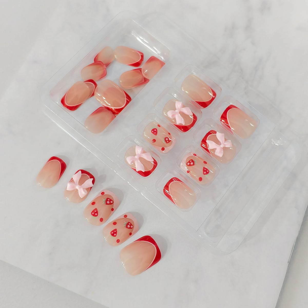 24Pcs Cute Press on Nails Extra Short Fake Nails with 3D Bow Designs Strawberry French Tip Glue on Nails Square Full Cover Acrylic Artificial Nails for Women Manicure Decorations