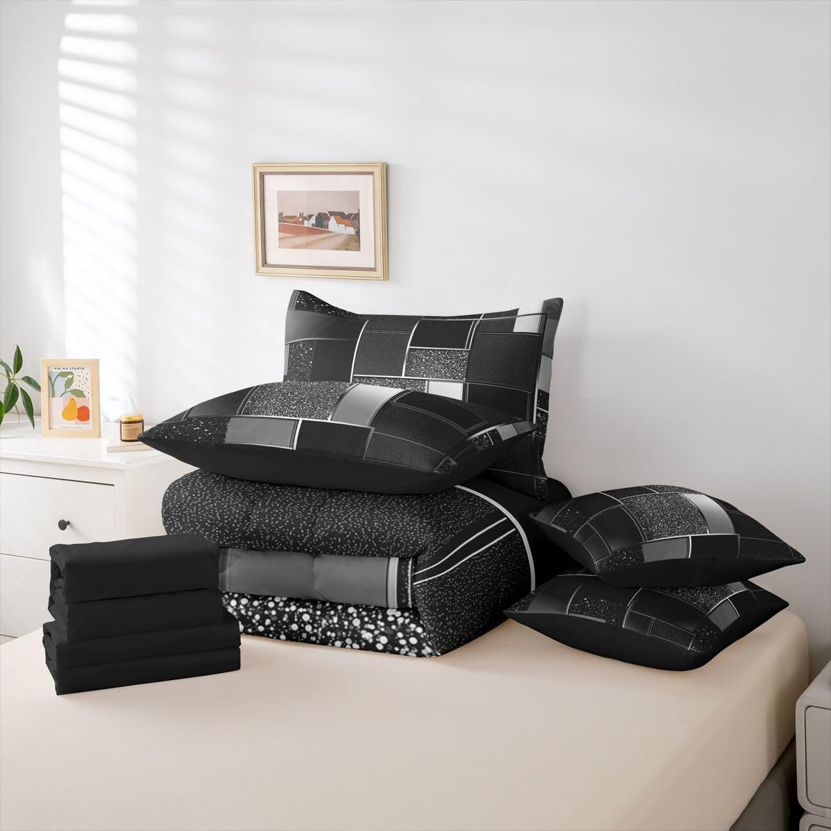 Feelyou Geometric Black Comforter Set with Sheets 7 Piece Full Size Modern Abstract Bed in a Bag Kids Boys Girls Metallic Print Geometric Bedding Set Bedroom Decor Breathable
