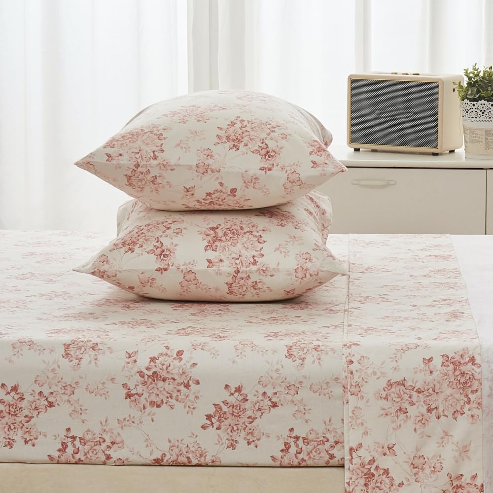 DAUAOTO 100% Cotton Bedding Printed Sheets Set for Queen Size Bed Up to 14" Deep Mattress, Toile Rose Floral Pattern Bedlinen Sets,Pale Red