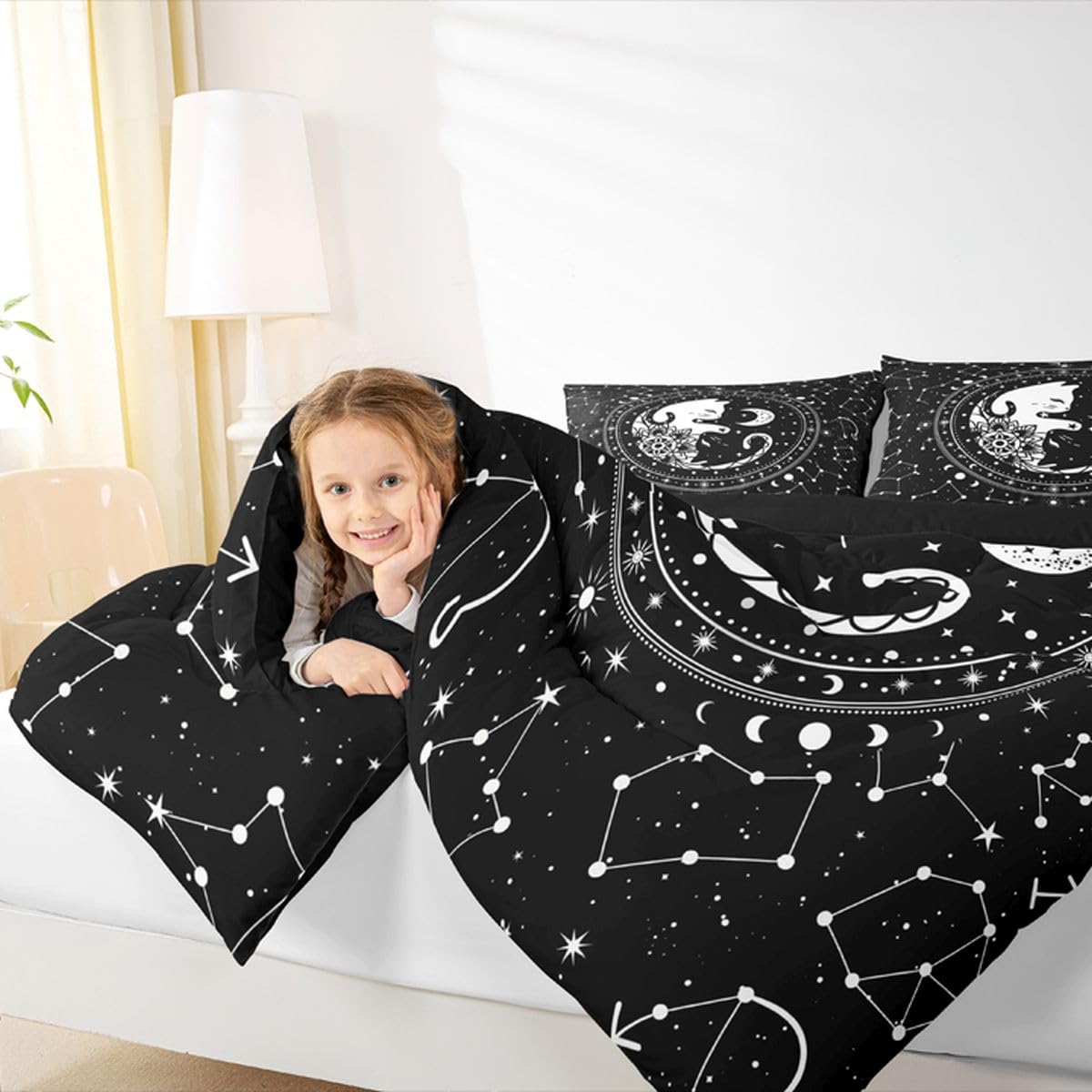 Cute Cats Comforter Set Twin,Gothic Star Sky Moon Constellation Bedding Set 2pcs for Kids Teens Boy Girls Room Decor,Animals Flower Plants Quilt Set Black Exotic Duvet Insert with 1 Pillowcase