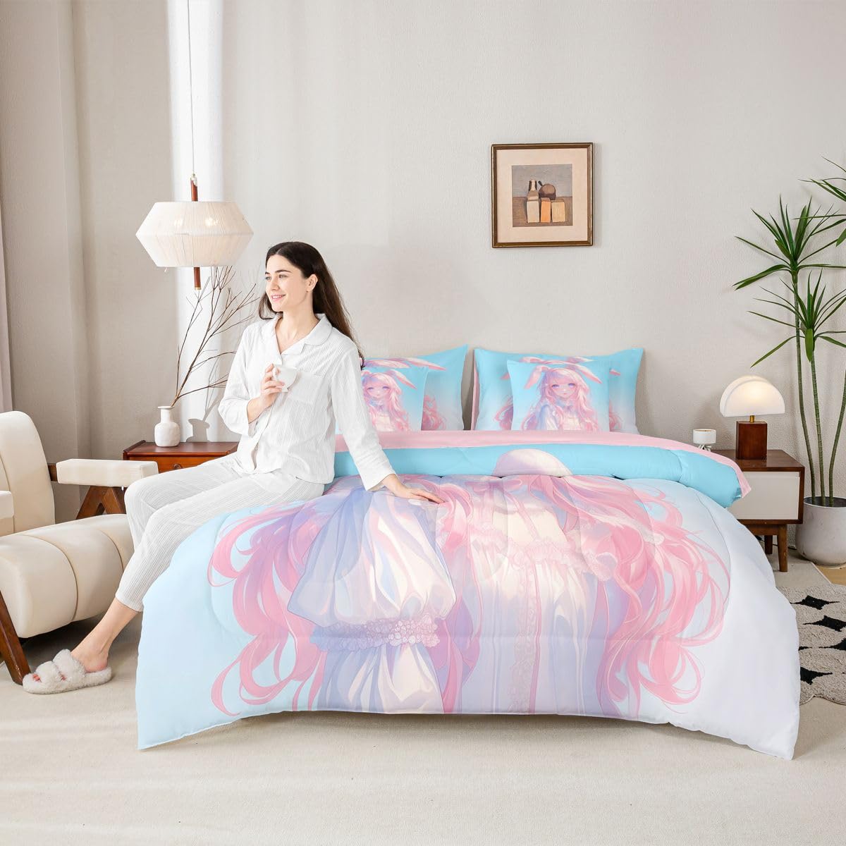 Erosebridal 3D Anime Girl Bedding Set,Japanese Girl Bed in A Bag Cartoon Anime Twin Comforter Set 7 Piece for Kids Teen Women Room Decor,Pink Kawaii Rabbit Doll Blue Bed Set