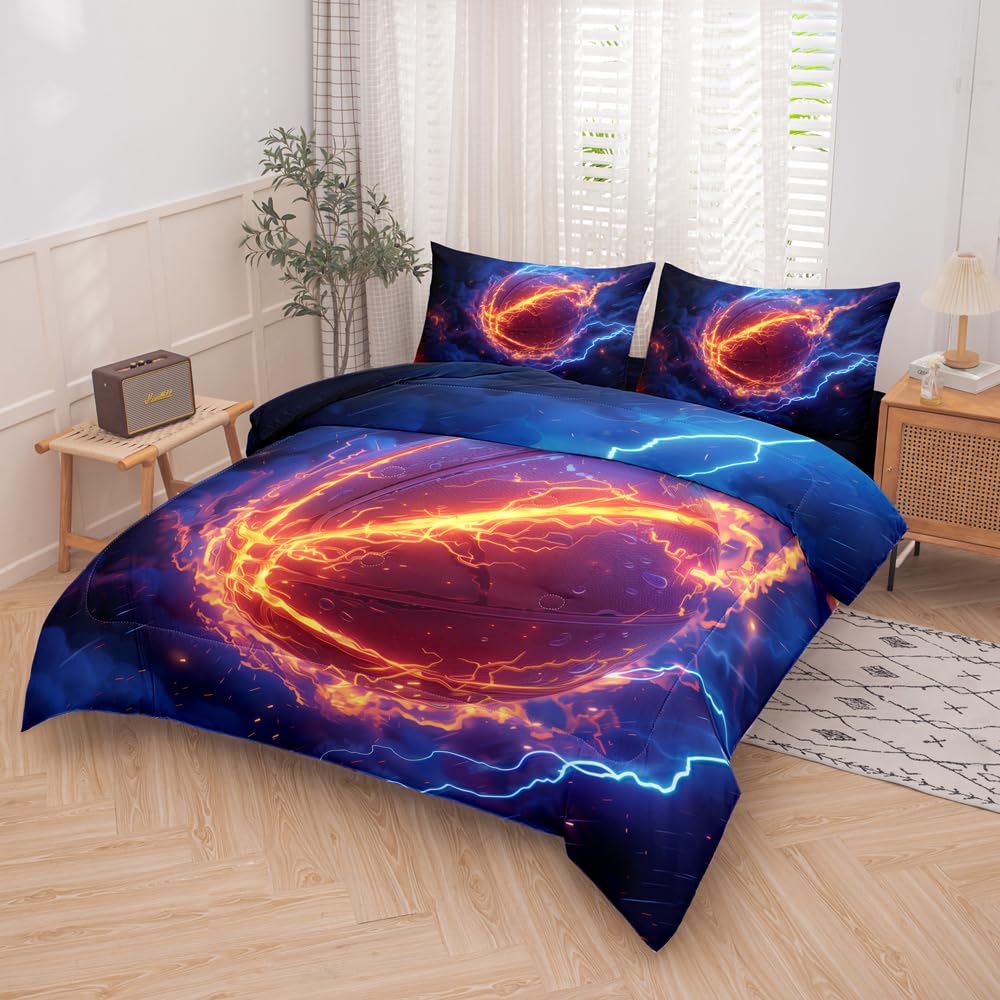 RUPSLO 5 Pieces Basketball Comforter BeddingTwin,Fire and Ice Basketball Theme Sports Comforter Set Twin,Boys Basketball Bed Set with Sheets(Blue)