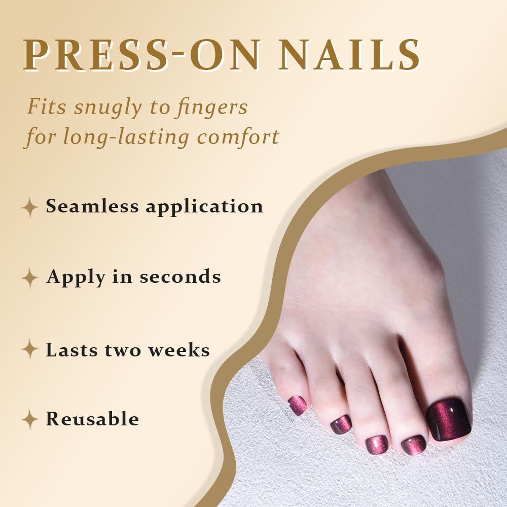evpct Deep Purple Glitter Cat Eye Press on Toenails, Summer Beach Style Mermaid Purple Glossy Glitter No Glue Fake Toe Nails for Women, Reusable Full Cover Soft Acrylic Fake Toenails Perfectly Fit