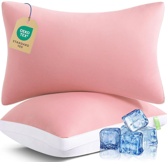 MEELUS Silky Soft Pillows Queen Size Set of 2, Reversible Down Alternative Bed Pillows, Skin Friendly Cool Fabric for Hair & Skin, Luxury Hotel Quality, Cooling Pink, 20 x 30 Inches