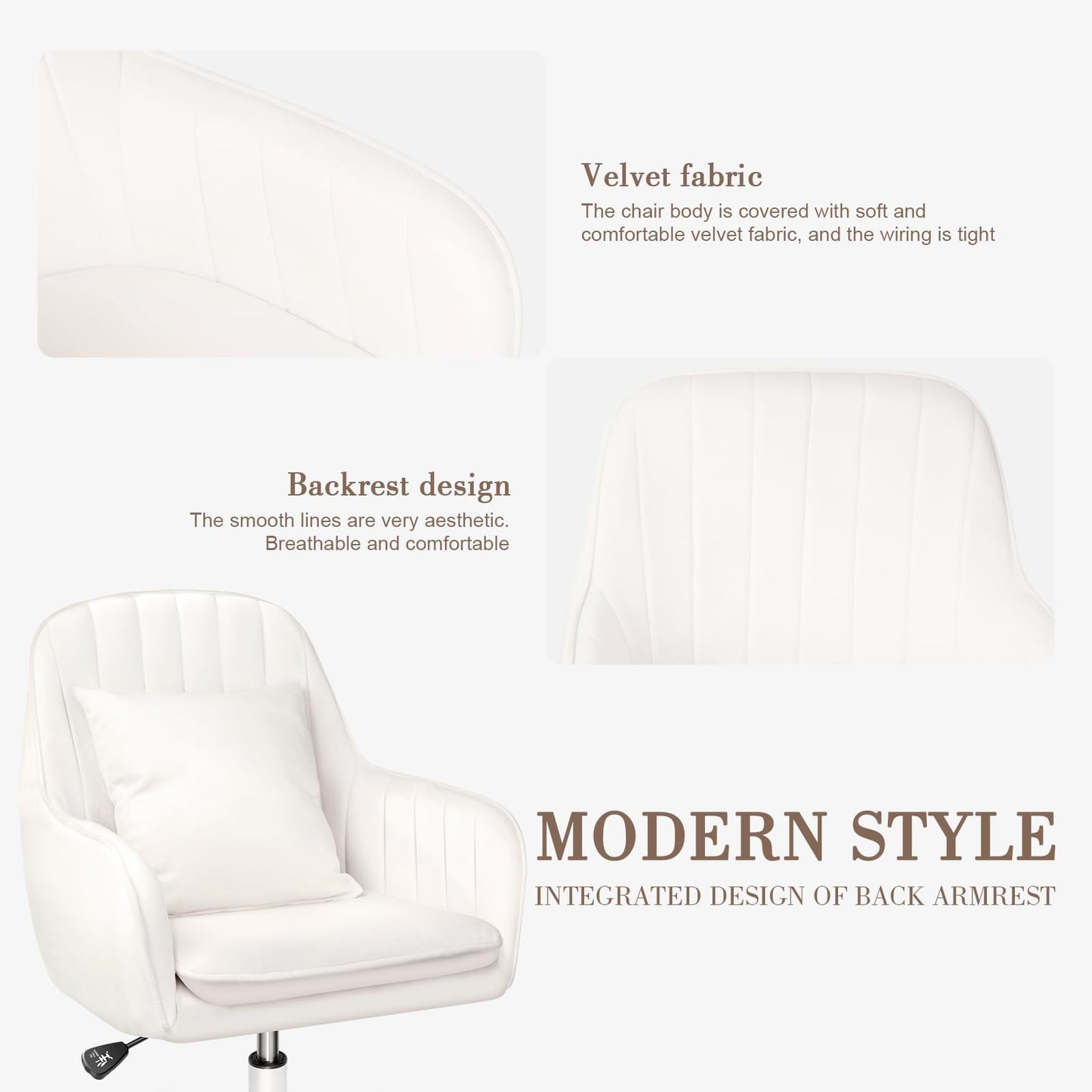 HDHNBA Mid Back Velvet Vanity Chair Swivel Rolling Desk Chair with Wheels, Modern Upholstered Makeup Chair for Women Girls, Computer Task Chair for Bedroom Living Room Office, White