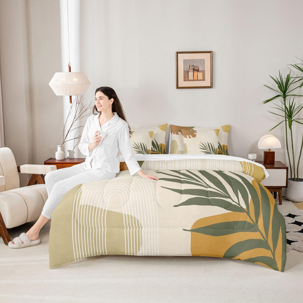Erosebridal Beige Green Boho King Size 7 Pcs Bedding Set, Mid Century Abstract Simple Comforter Set with Sheets, Modern Minimalist Arch Geometric Bed Sets, Tropical Palm Leaf Aesthetic Bed in A Bag