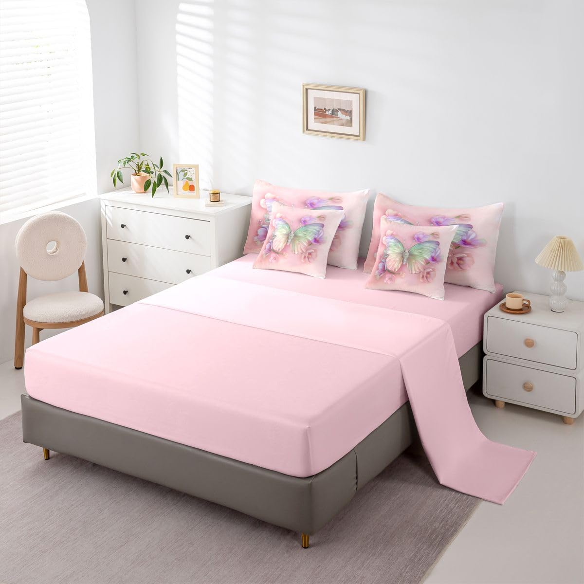 Erosebridal Watercolor Butterfly 7 Piece Bedding Set Twin Dreamy Flower Comforter Set with Sheets Pink Purple Ombre Bed in a Bag Rainbow Colorful Butterflies Bed Sets Comforter