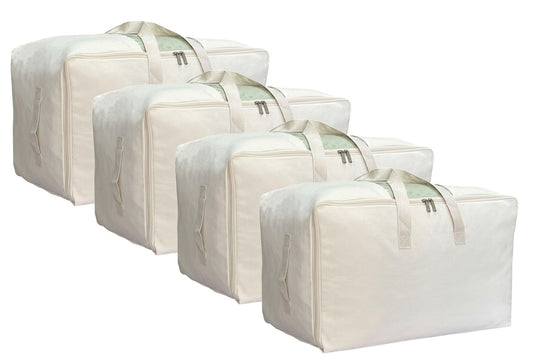 DoYiKe Soft Large Canvas Storage Bags with Zipper and Clear Window, Cotton Linen Storage Organizer for Pillows, Quilt, Blankets and Comforter, 80L, 4 Pack, Beige