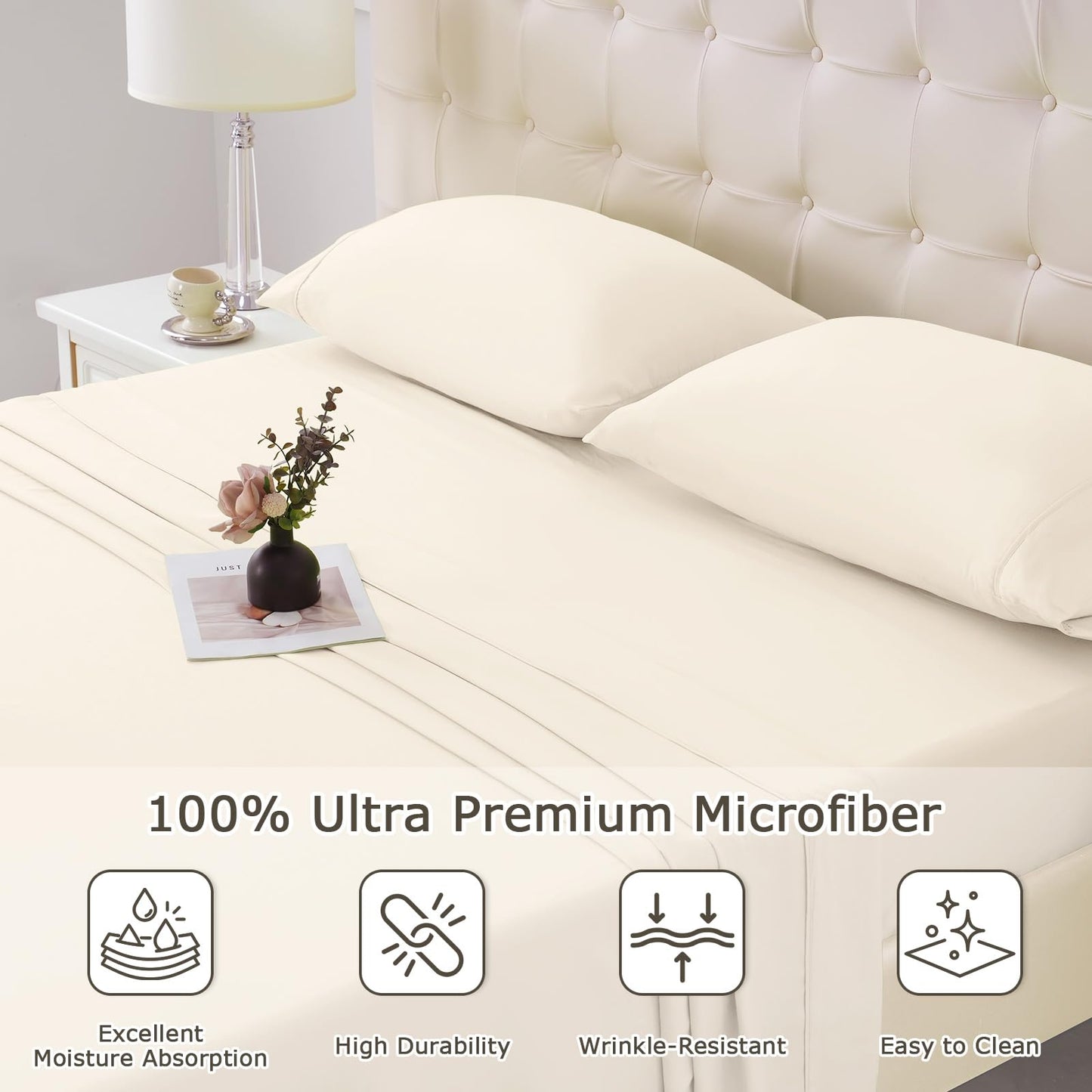 Homilay Queen Size Bed Sheet Set - 4 Piece Soft Microfiber Sheets with Deep Pockets, Cooling Technology, and Wrinkle-Free Pillowcase. Hotel-Quality, Durable Bedding, Cream