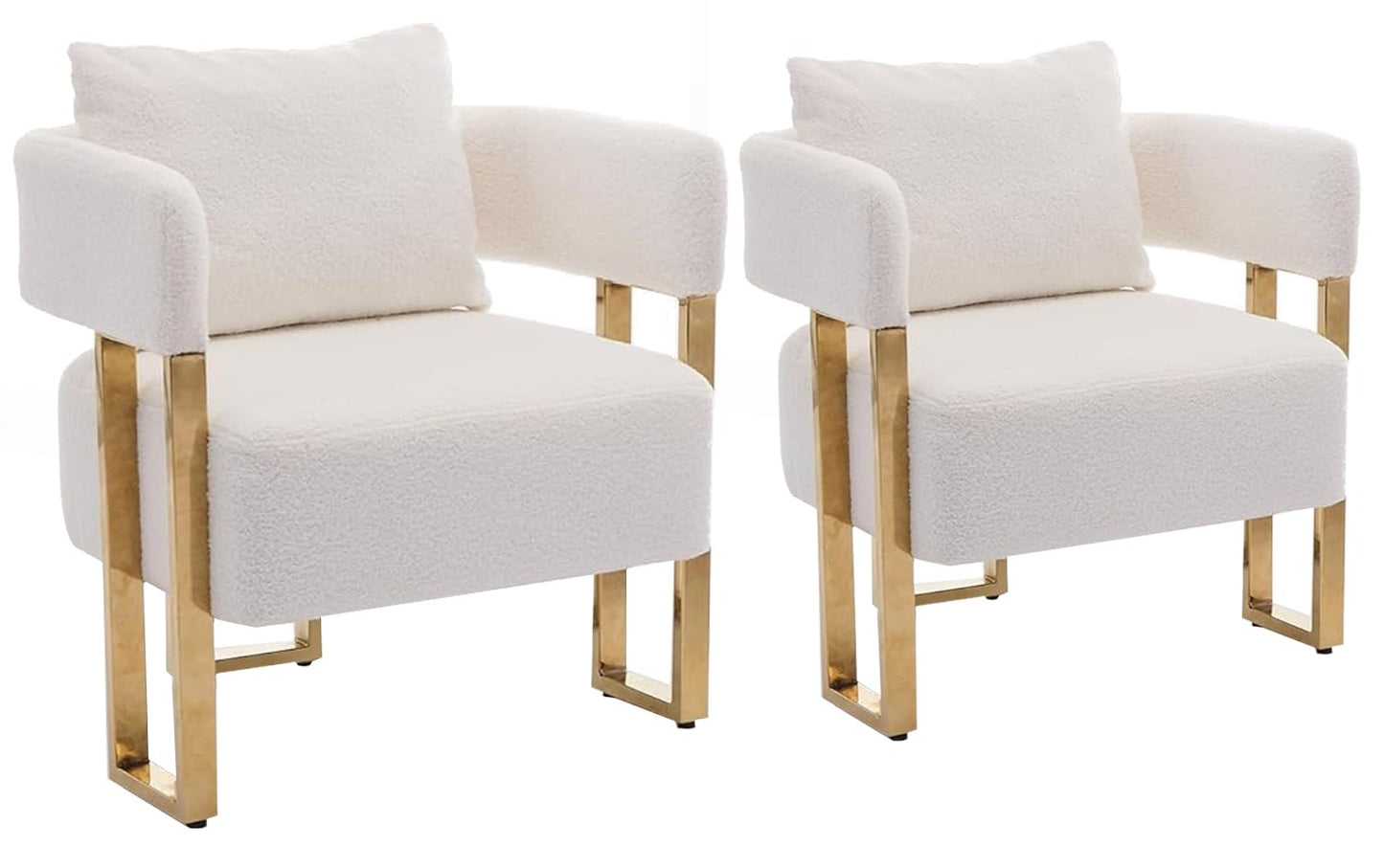 YITAI Modern Accent Chairs no Wheels, Living Room Side Chairs Set of 2 with Golden Metal Legs, Barrel Soft Teddyt Upholstered Reading Armchairs for OfficeReception RoomBedroomLounge,White