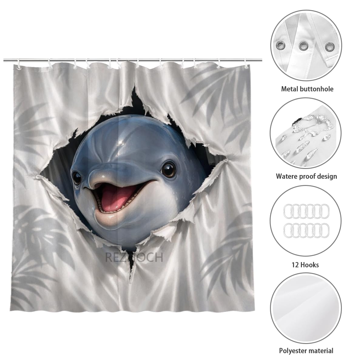 REZHOCH Cute Dolphin Shower Curtain 72x72Inch Fun Animal Hole Peeking Bath Curtain Waterproof Fabric Grayish White Rainforest Leaves Kid Adult Home Bathroom Decor with Hooks