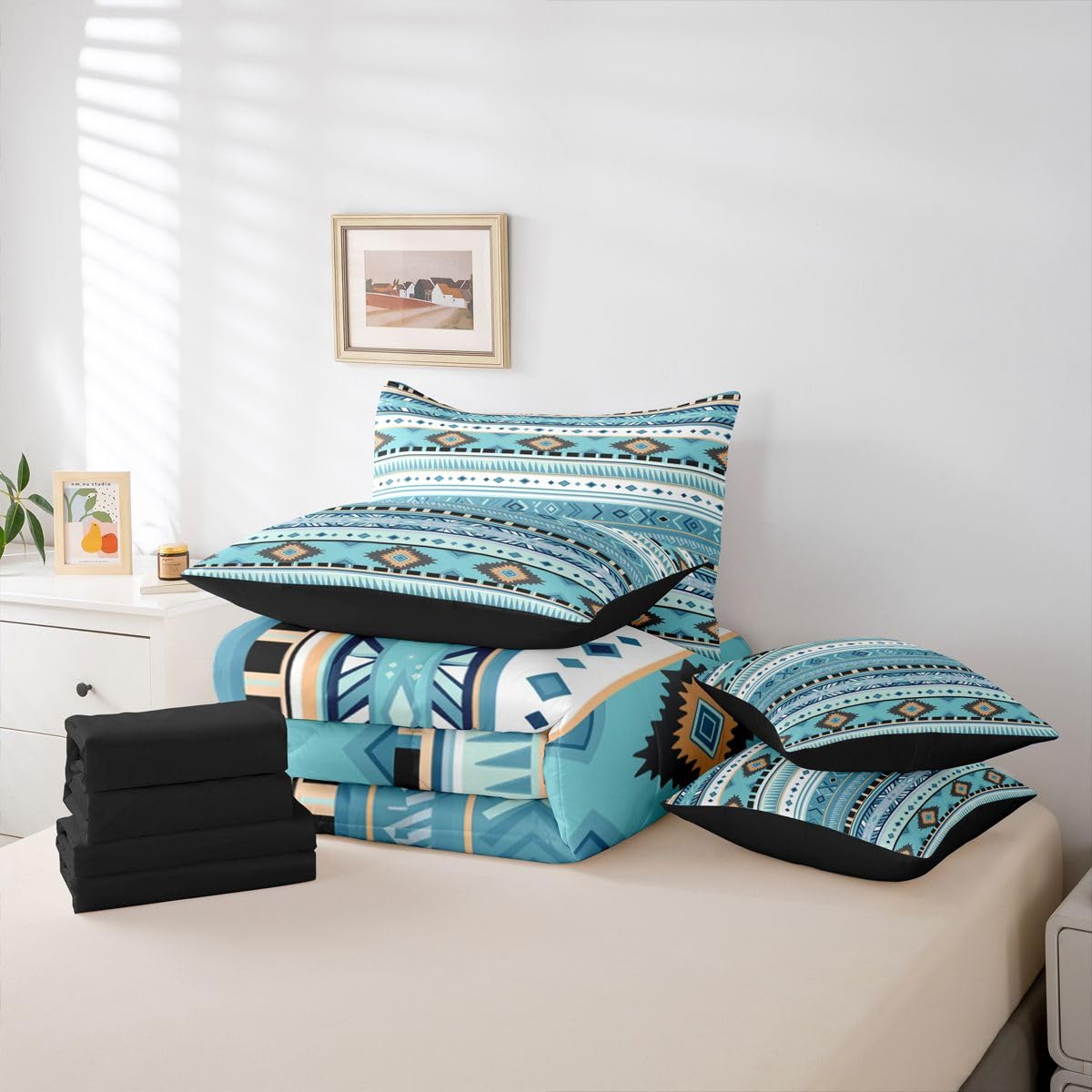 Erosebridal White Blue Aztec Bohemian Full Comforter Set 7 Pieces | Southwestern Farmhouse Bed in A Bag for Bedroom Tribal Cowboy Cowgirl Bedding Set with Comforters Adults Boho Room Decor