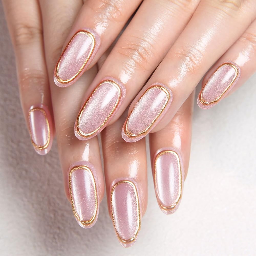 evpct Gold Line 3D Cat Eye Press On Nails Medium Almond No Glue, 3D Crystal Handmade Press on Nails for Women Gift, Reusable Medium Almond Acrylic Fake Nail Stick on Soft Nail Gold Tip with Designs