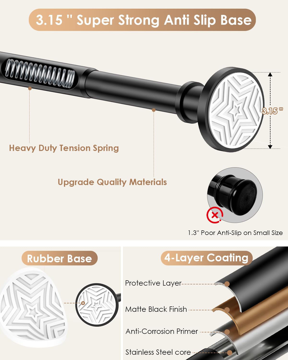 Outdoor Curtain Rod 30-96 in (8ft) No Drilling Adjustable Tension Black Shower Curtain Rod 1.1" Diameter Stainless Steel, Rustproof Heavy Duty, Room Divider for Bathroom Window Patio Closet