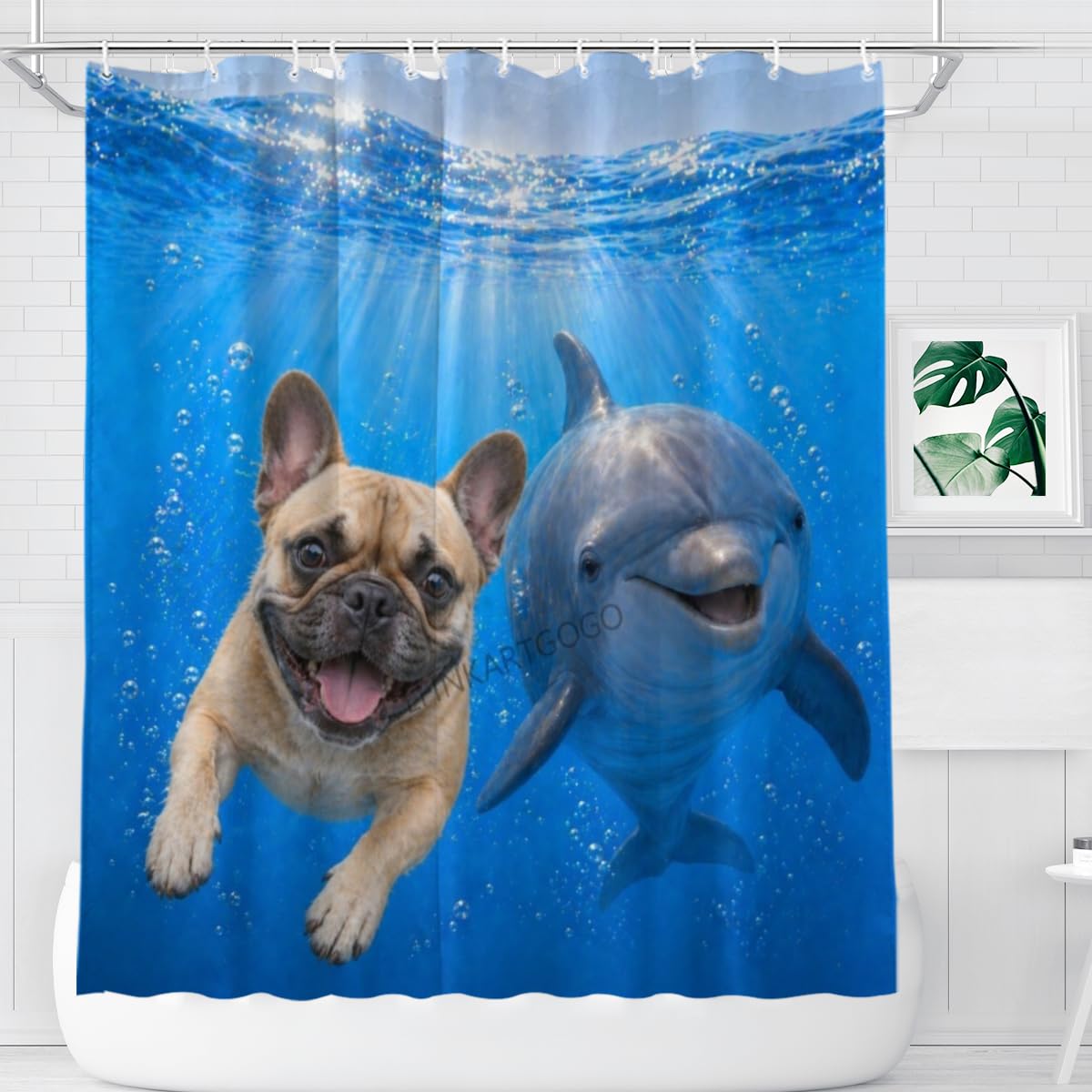 LFINKARTGOGO Ocean French Bulldog Shower Curtain 72x72 with 12 Hooks Underwater Animal Dolphin Waterproof Washable Polyester Bath Curtain for Home Hotel Decor