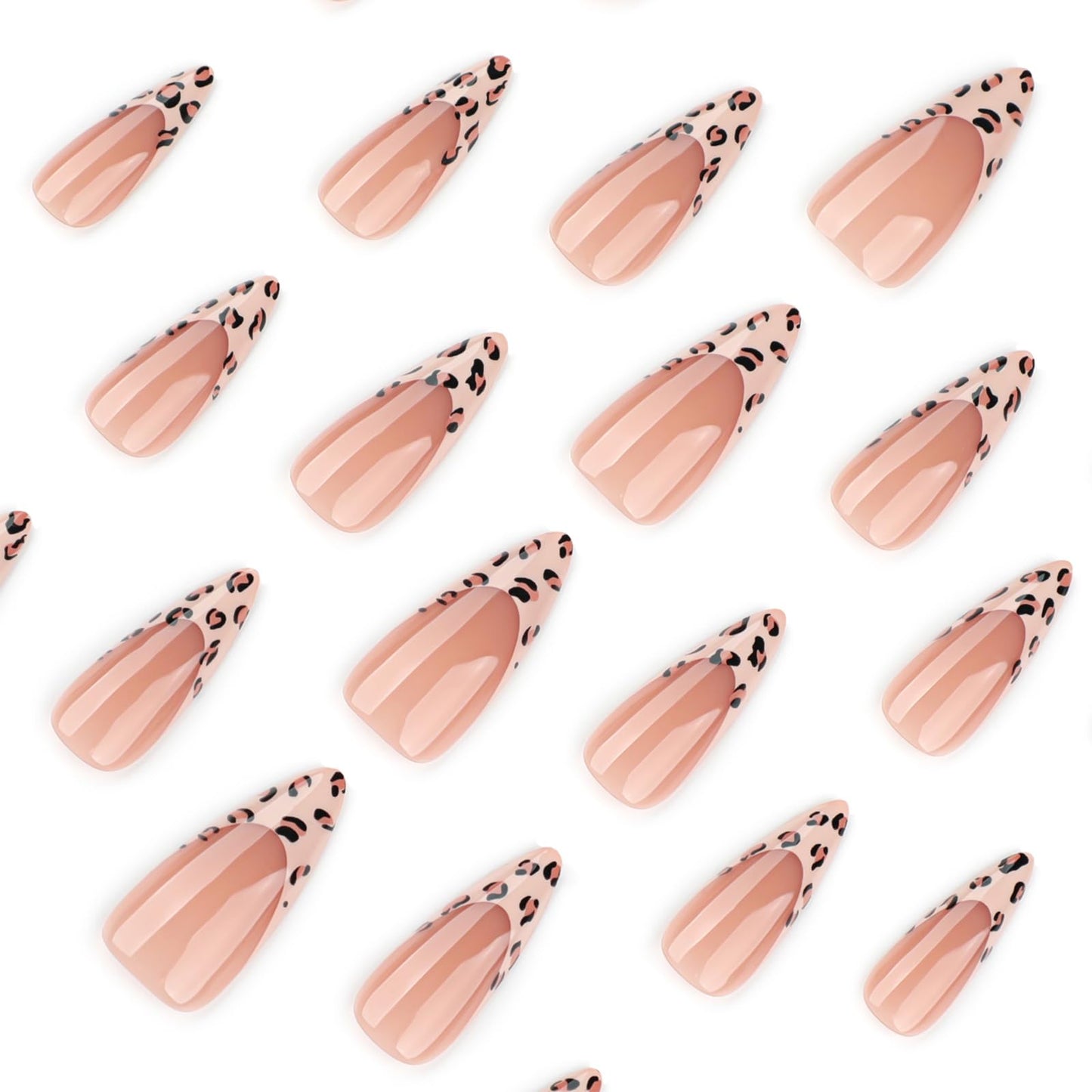 Mivota Leopard French Press On Nails 24pcs, Medium Stiletto Nude Fake Nails with Leopard Print Tips, Glossy Acrylic False Nails, Reusable Stick On Nails Kit for Women Girls Manicure