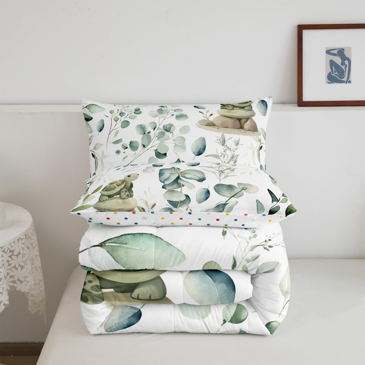 Erosebridal Kawaii Turtle Twin Comforter Set for Boys Girls Cartoon Animal Bedding Set Twin, Eucalyptus Leaves Bedding Comforter Sets Marine Wildlife Duvet Set, Tropical Plants Quilted Comforter