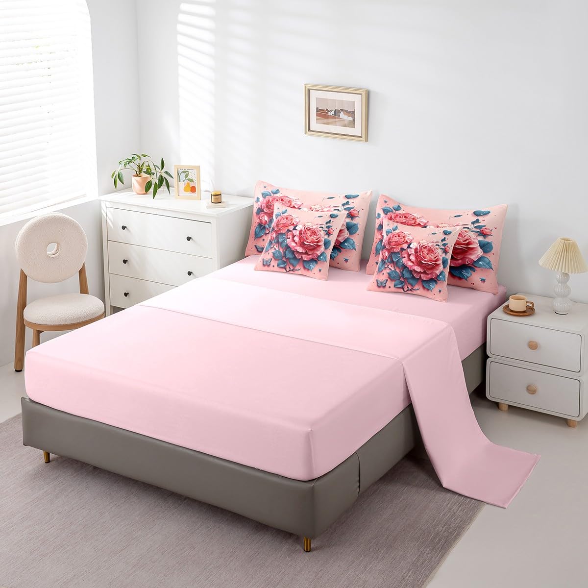Feelyou Kids Rose Bed in A Bag Queen Size, Valentine's Day 7 Pieces Bedding Set Boys Girls Rose Floral Flower Comforter Set with Sheets Romantic Teens Bed Set Bedroom Decor 7Pcs