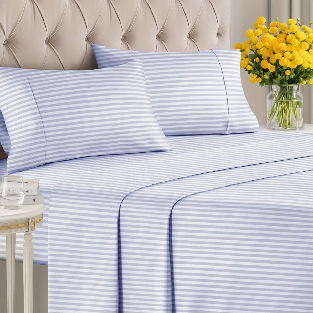 Sky Blue and White Striped Sheets - 1 Flat & 1 Fitted Sheet & 2 Pillowcases w/ Deep Pockets - Comfy, Wrinkle & Fade Resistant - Soft, Breathable & Cooling - Pinstripe Patterned Bedding - Full Size