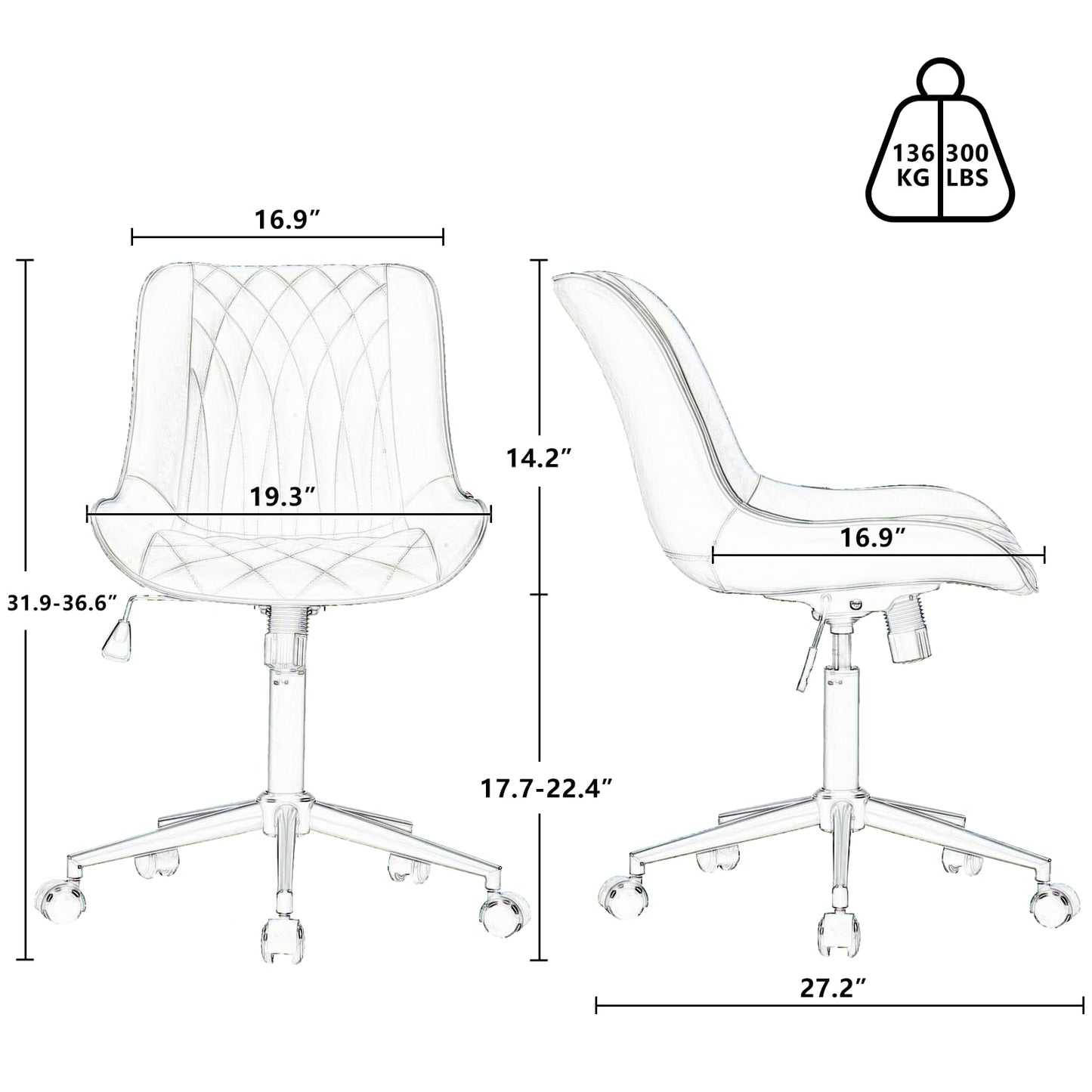 Rowill Modern Office Chair, Swivel Home Office Desk Chair, Rolling Task Chair, Adjustable Work Chair for Small Space, 300LBS Support, White