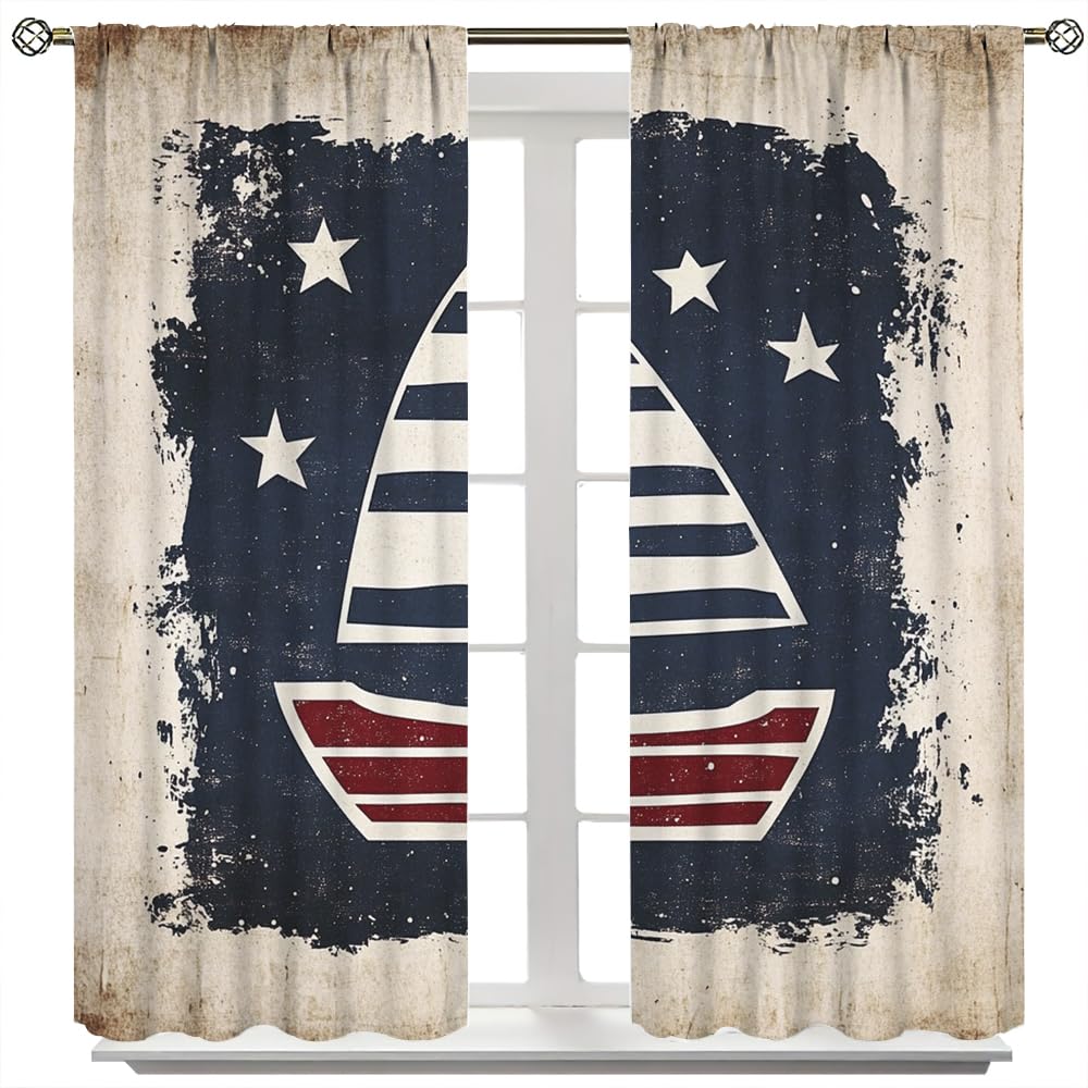 YFBBINS Retro Sailboat Pattern Blackout Curtains Thermal Insulated for Bedroom Living Room, Geometric Vintage Sailing Ship Rod Pocket Curtain Light Blocking Drapes, 2 Panels, Each 21 W x 45 L inch