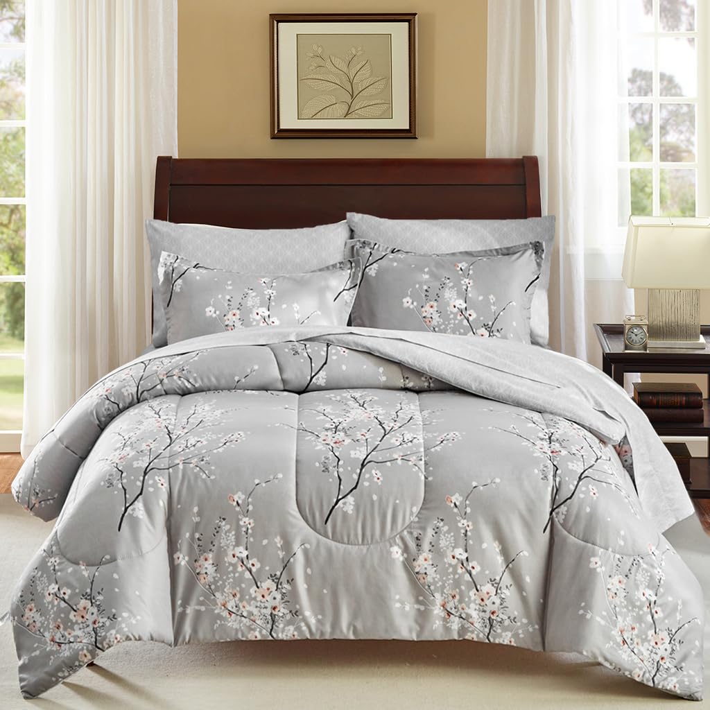 AIKASY Bed in a Bag 7 Pieces King Size - Floral Print - Soft Microfiber, Reversible Bed Comforter Set (1 Comforter, 2 Pillow Shams, 1 Flat Sheet, 1 Fitted Sheet, 2 Pillowcases)（Grey, King）