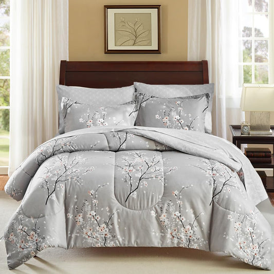 AIKASY Bed in a Bag 7 Pieces King Size - Floral Print - Soft Microfiber, Reversible Bed Comforter Set (1 Comforter, 2 Pillow Shams, 1 Flat Sheet, 1 Fitted Sheet, 2 Pillowcases)（Grey, King）