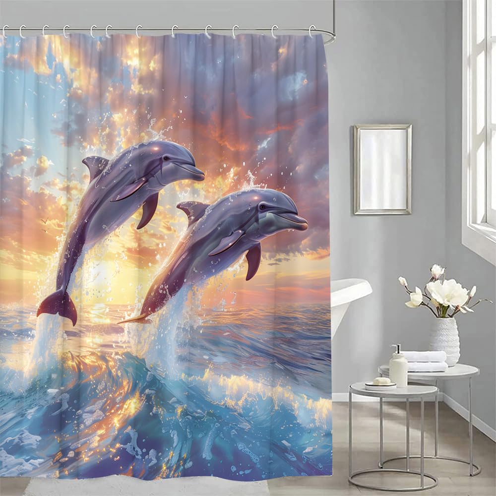 YSSFAV Jumping Dolphin Shower Curtain Cute Sea Animals Marine Life Ocean Beach Coastal Bathroom Decor Curtains Set with Hooks, 70" W x 70" H