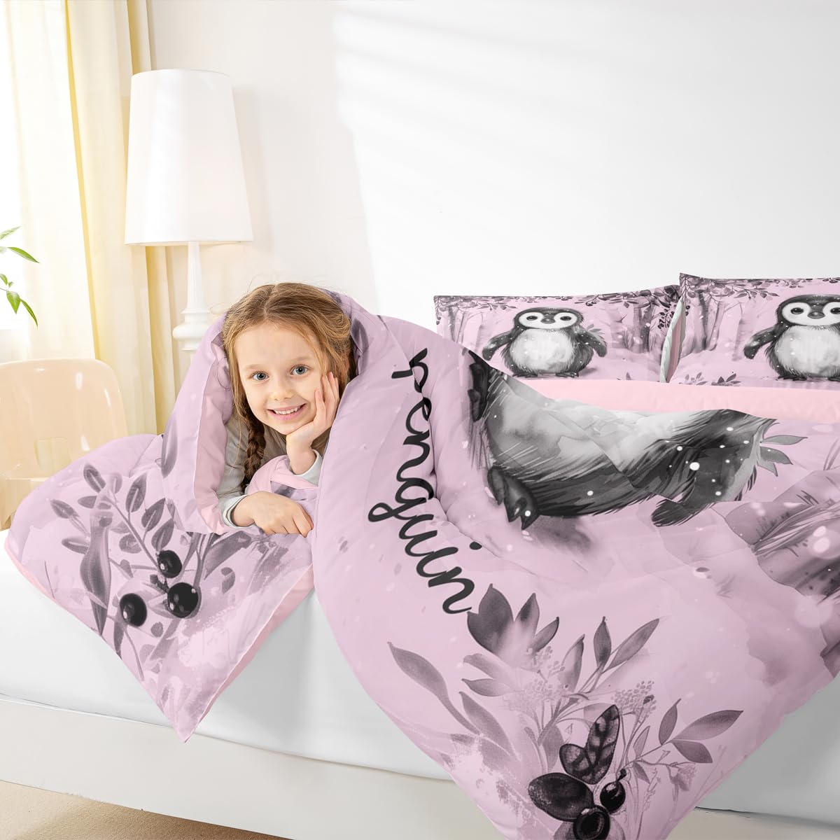 Erosebridal Pink Kawaii Penguins Comforter Set Queen Antarctic Animal Pattern Bedding Set Cartoon Penguin Comforter for Kids Boys Girls,Winter Snowy Forest Quilt Duvet