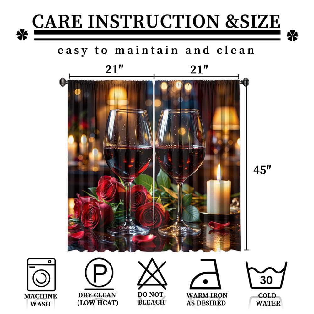 KuracleGH Romantic Valentines Day Wine Rod Pocket Curtains-Aesthetics Floral Red Rose Blackout Curtains & Drapes for Bedroom,Fashion French Wine Glass Window Curtain,2pcs,Each 21“W x 45”L
