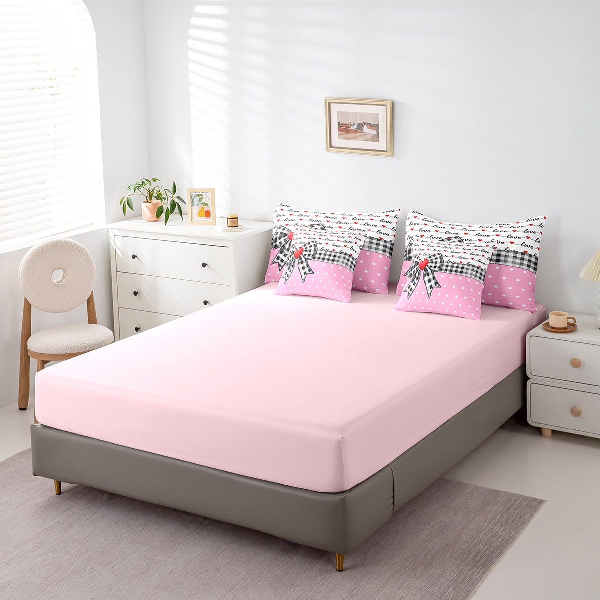 Erosebridal 7 Piece Valentine Bowknot Kids Comforter Set for Girls,Love Heart Shaped King Bedding Set for Girlfriend,Dreamy Princess Style Bed Set,Buffalo Plaid Grid Polka Dots Duvet Insert