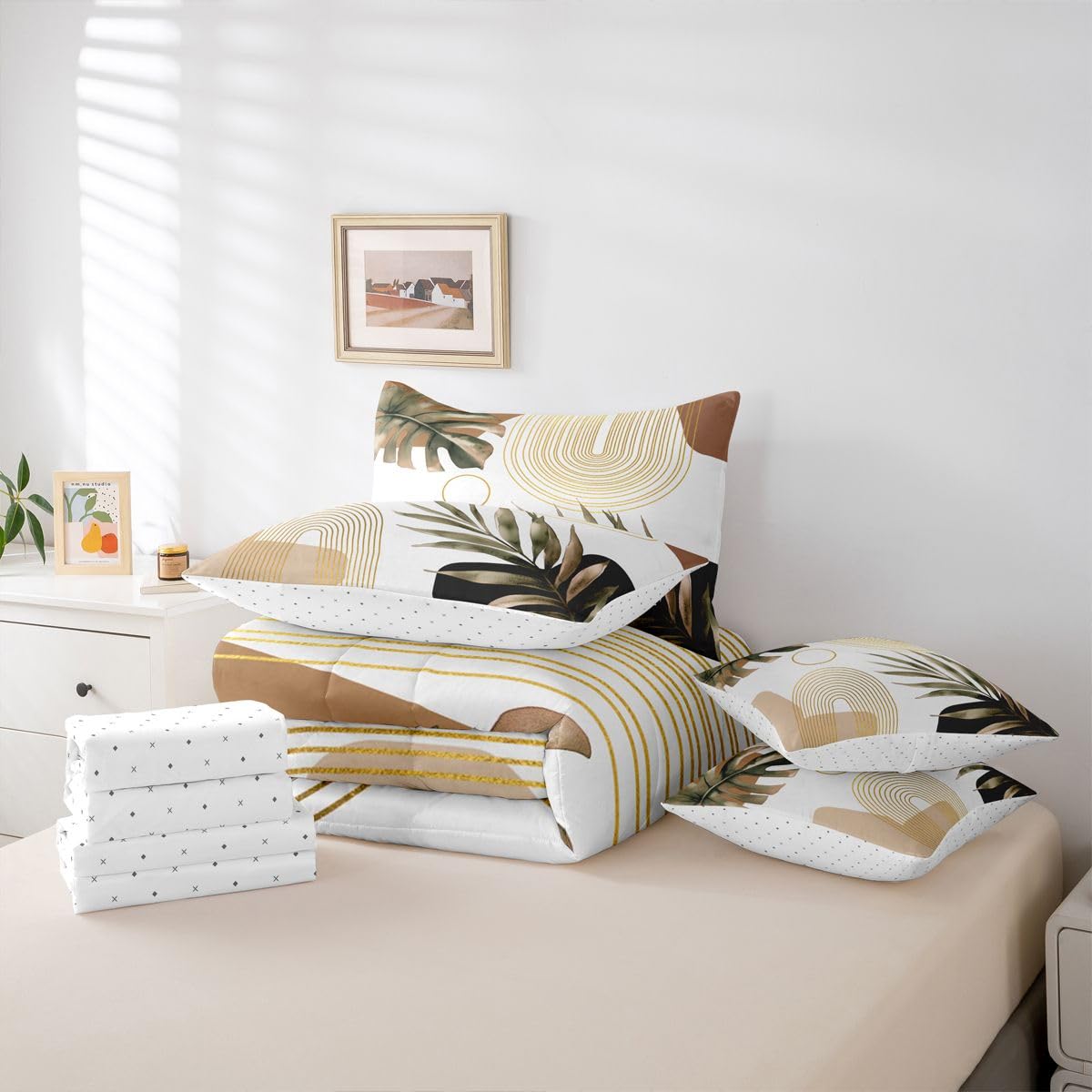 Erosebridal Boho Brown Full 7 Pcs Bedding Set, Abstract Bohemian Mid Century Aesthetic Comforter Set with Sheets, Modern Simple Minimalist Geometric Bed in A Bag, Plant Botanical Palm Leaf Bed Sets