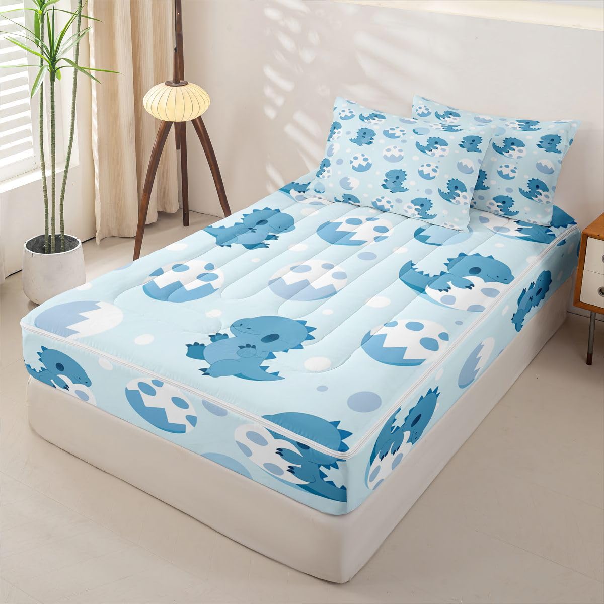 jejeloiu Boys Dinosaur Zipper Bedding for Kids Twin Size Blue White Dino Bed in a Bag with Sheets, Comforter, Pillowcases Dinosaur Pattern Comforter Set for Boys Girls Bedding Sets Durable