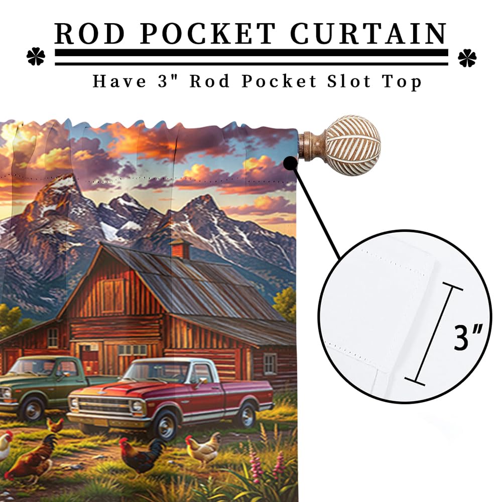 KuracleGH Vintage Farmhouse Wheel Truck Rod Pocket Curtains-Cabin Autumn Mountain Sunset Blackout Curtains & Drapes for Bedroom,Rustic Farm Animal Rooster Window Curtain,2pcs,Each 21“W x 45”L